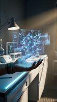 Hand displaying holographic network interface with data visualization and molecular connections in modern office workspace for business technology.