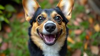 Happy Pembroke Welsh Corgi dog with bright eyes and open mouth smiling at camera. Close up portrait showing expressive face against blurred natural background.