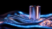 Metallic copper cylinder on shimmering blue fabric with glitter particles and bokeh effects creating magical atmosphere against dark background.