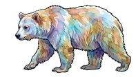 Colorful watercolor bear walking with multicolored fur in pastel tones, isolated on white background for design projects and creative applications.