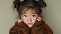 Young Asian girl with pigtails wearing brown hoodie making cute gesture with hands on cheeks, expressing surprise or wonder against neutral background.