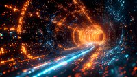 Abstract digital tunnel with glowing orange and blue light particles forming a futuristic cyber pathway in dark space. Technology concept for data transfer.