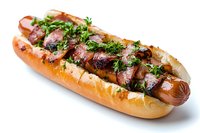 Grilled hot dog wrapped in crispy bacon strips, topped with fresh herbs and seasonings on golden toasted bun against white background, isolated food photography.