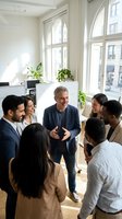 Diverse group of business professionals gathered in modern office space with large windows, listening to mature male manager in navy blazer leading discussion. Team meeting in bright, contemporary workplace with plants and natural light.