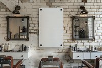 Modern barbershop interior with vintage chairs and blank white sign mockup on rustic brick wall, perfect for branding and advertising in beauty industry.