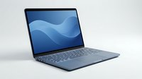 Modern laptop with blue abstract wave wallpaper displayed on screen, isolated on white background for technology and business design projects.