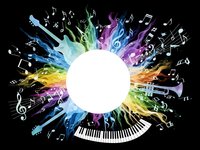 Colorful music explosion with piano keys and musical notes radiating from white center circle on black background for creative design projects.
