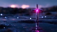 Glowing purple cross on dark water surface with bokeh lights and sunset sky background creates spiritual atmosphere. Artistic religious symbol reflection.