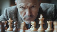 Mature Caucasian man with gray beard intensely focused on chess game, leaning over wooden chess pieces on board. Strategic thinking and competition concept.