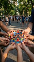 Multiple diverse hands holding colorful paper cutout figures in circle formation outdoors, symbolizing community unity, teamwork, and social connection in public park setting.