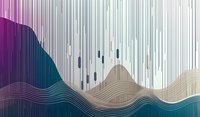 Abstract wavy lines creating mountainous landscape with vertical dripping elements in purple, teal and beige tones, modern minimalist art style for wall decor and design projects.