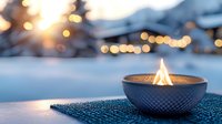 Glowing candle in decorative blue bowl against snowy winter background with soft bokeh lights creating cozy atmospheric evening ambiance.