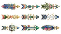 Decorative arrow dividers with boho feather, floral and geometric patterns in jewel tones, isolated on white background for design projects.