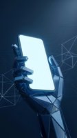 Futuristic robotic hand holding a glowing smartphone with blank screen, digital network lines on dark blue background, AI technology concept.
