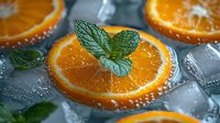 Fresh orange slices with mint leaves on ice cubes, water drops and condensation creating refreshing summer drink composition for cocktail menu.