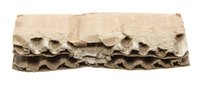 Corrugated cardboard cross-section showing layered structure with fluted medium between flat sheets, isolated on white background for recycling concepts.