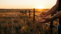 Farmer hands cupping grain at golden sunset over rural farmland with wooden fence, representing harvest season, agriculture success and sustainable farming practices.