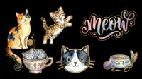 Cute watercolor cat sticker set isolated on transparent background, featuring playful kittens, meow lettering, and cat bowl, ready for t-shirts, clipart, and print on demand.