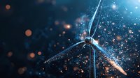 Wind turbine silhouette against dark sky with glowing blue particles and bokeh lights creating magical atmosphere. Clean energy concept for environmental projects.