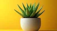 Small green aloe vera plant in round white ceramic pot against vibrant yellow background, minimalist home decor composition with succulent plant.