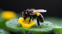 Macro shot of carpenter bee collecting nectar from yellow flower with morning dew drops on green leaf, showing detailed wings and body structure in natural environment.