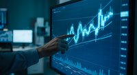 Businessman analyzing financial data on digital screen with candlestick charts and trading graphs in modern office environment for investment decisions.