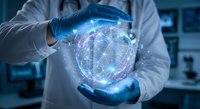 Scientist in lab coat holding glowing digital globe with network connections in modern laboratory setting for technology and research concepts.