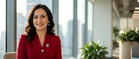 Professional businesswoman in red blazer smiling confidently in modern office environment with natural lighting and green plants in background.