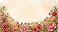 Vintage floral border with red and pink roses, peonies, and decorative hearts on cream background. Romantic design for wedding invitations, greeting cards, and stationery.