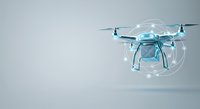 Futuristic drone with holographic interface and digital visualization elements, representing advanced technology, innovation, and autonomous flight systems for commercial and industrial applications.