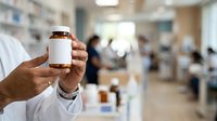 Pharmacist holding blank medicine bottle in clinic with patients waiting in background, healthcare professional displaying pharmaceutical container for medical treatment.