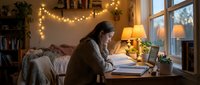 Young woman studying at desk with laptop in cozy bedroom with warm lighting and fairy lights creating peaceful evening atmosphere for remote work.