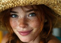 Young redhead woman with freckles and blue eyes smiling under straw hat, close-up portrait in summer light.