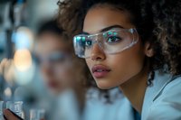 Young African American female scientist wearing protective eyewear in laboratory setting with focused expression while conducting research, natural curly hair style.