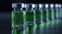 Glass vials with glowing green liquid arranged in row on dark background, selective focus on front bottle showing luminescent substance and bubbles.