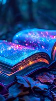 Open book with magical glowing sparkles and light effects in blue and pink colors against dark background, surrounded by autumn leaves, creating mystical atmosphere.