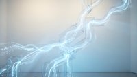 Flowing digital data streams with glowing blue light effects and circuit patterns creating futuristic technology network visualization for modern design.