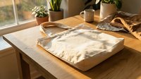 Wooden cutting board with flour and rolling pin on kitchen table with warm sunlight, plants and cozy home cooking atmosphere for culinary content.