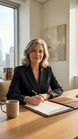 Confident mature businesswoman with silver hair signing documents at modern office desk with city skyline view for corporate leadership concepts.