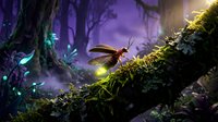 Glowing firefly beetle on moss-covered branch in enchanted forest with magical purple lighting and mystical atmosphere for fantasy designs.