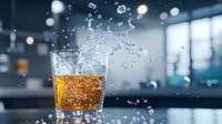 Dynamic splash of amber liquid in glass with scattered droplets against blurred restaurant background, dramatic lighting captures motion of beverage splash and flying drops.