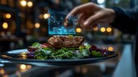 Grilled steak with holographic financial chart projection above plate, mixed greens salad garnish, modern restaurant setting with bokeh lights in background.