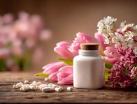 Natural wellness supplement bottle with capsules surrounded by pink tulips and spring flowers on rustic wooden surface for health and beauty concepts.