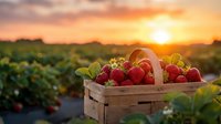 Fresh strawberries in wooden basket at sunset in farm field. Organic fruit harvest concept for healthy eating and agriculture marketing materials.