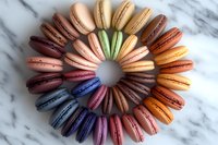 Colorful French macarons arranged in circle on marble background. Assorted flavors including chocolate, vanilla, pistachio, raspberry and caramel create rainbow pattern.