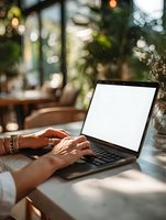 Female hands with bracelets typing on laptop with blank screen in cozy cafe surrounded by plants, perfect for remote work content.