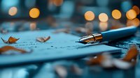 Fountain pen on handwritten letter with autumn leaves and golden bokeh lights creating romantic nostalgic atmosphere. Artistic macro photography for writing concept.