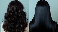 Comparison of curly and straight black hair styles shown from behind on mint green background, demonstrating hair texture transformation and styling results.