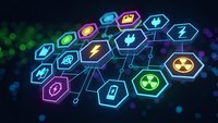Glowing hexagonal network with energy and technology icons on dark background for digital innovation and connectivity concepts.