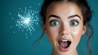 Young woman with bright blue eyes expressing surprise and wonder against teal background with magical sparkle effect. Emotional portrait showing joy and amazement.